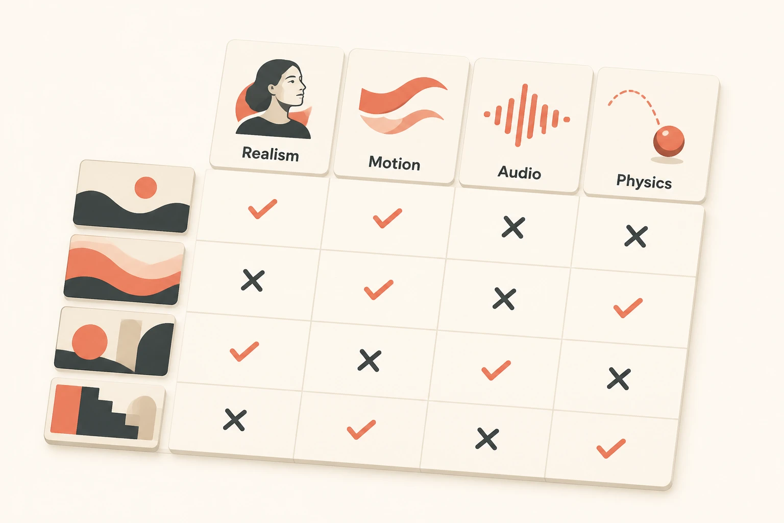 Capability matrix comparing frontier video models across lighting, motion, audio, and physics