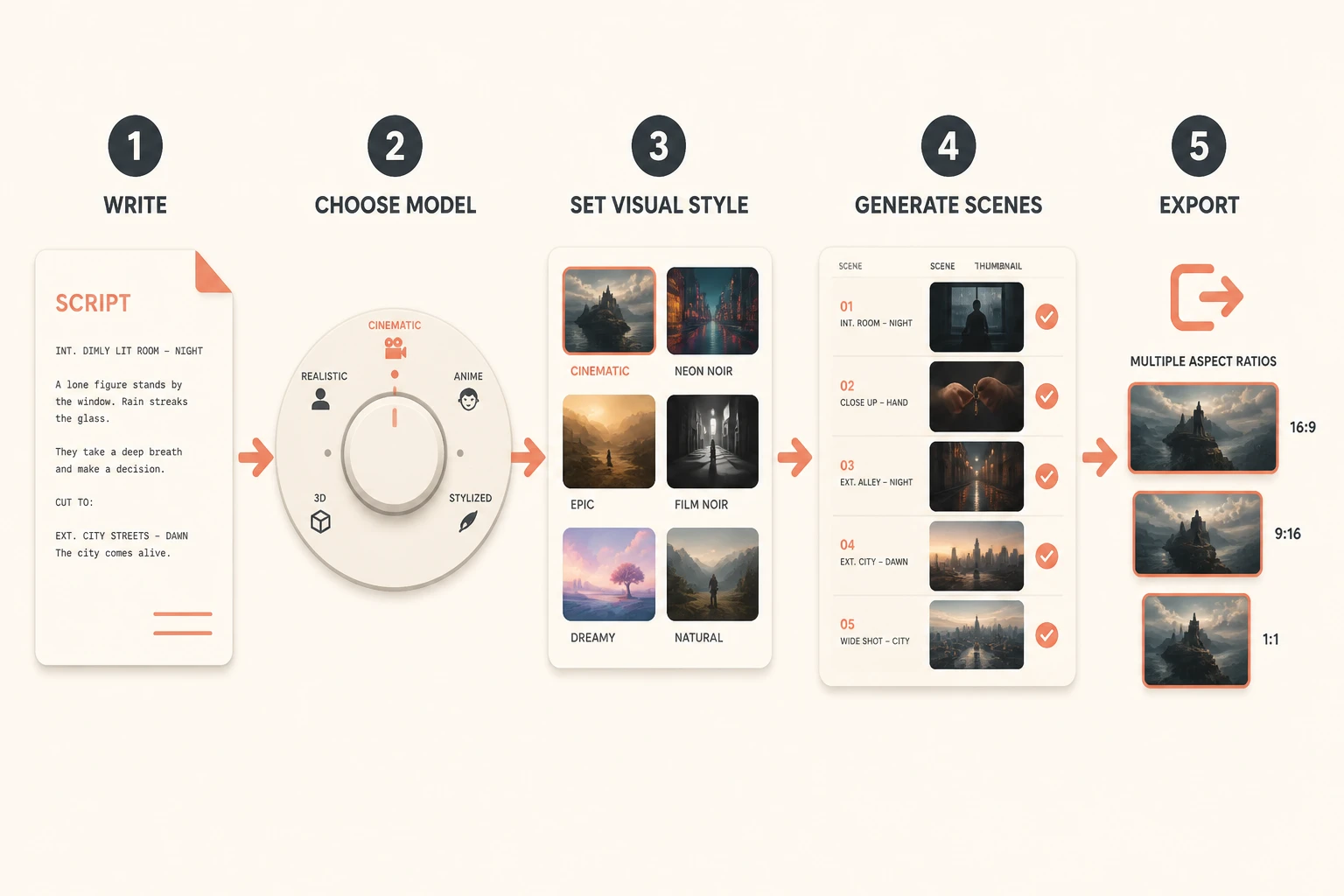 Five-step Lumigen workflow diagram from script to cinematic export