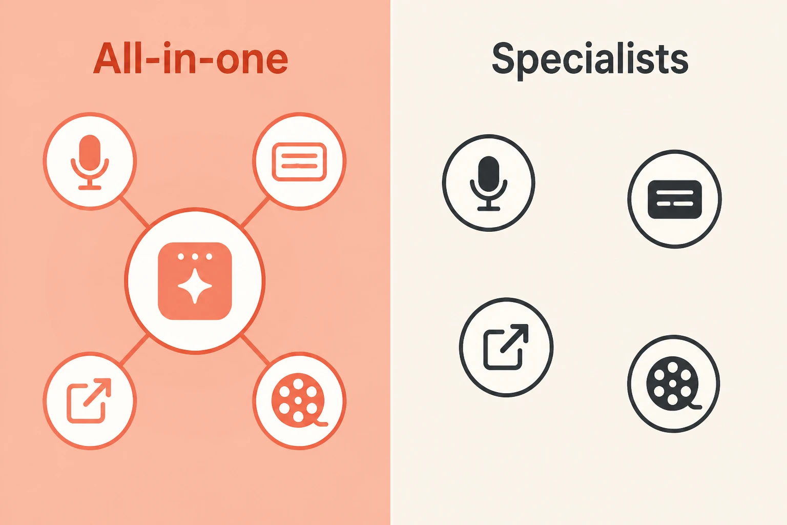 Split composition contrasting a generalist all-in-one tool with narrow specialist tools