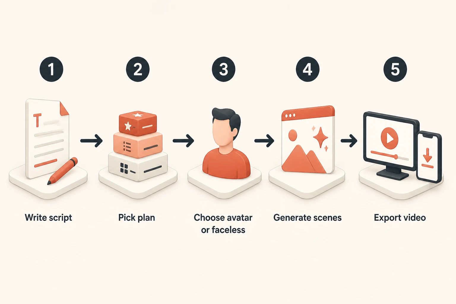 workflow diagram of generating a finished video from a script in five steps