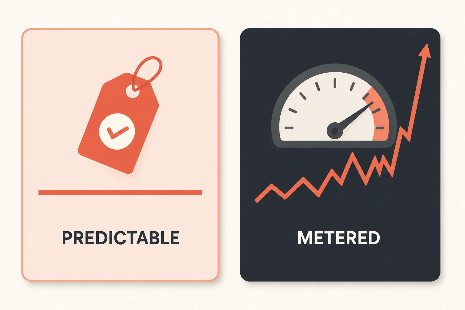 infographic contrasting a clear predictable price tag against a spiking usage meter