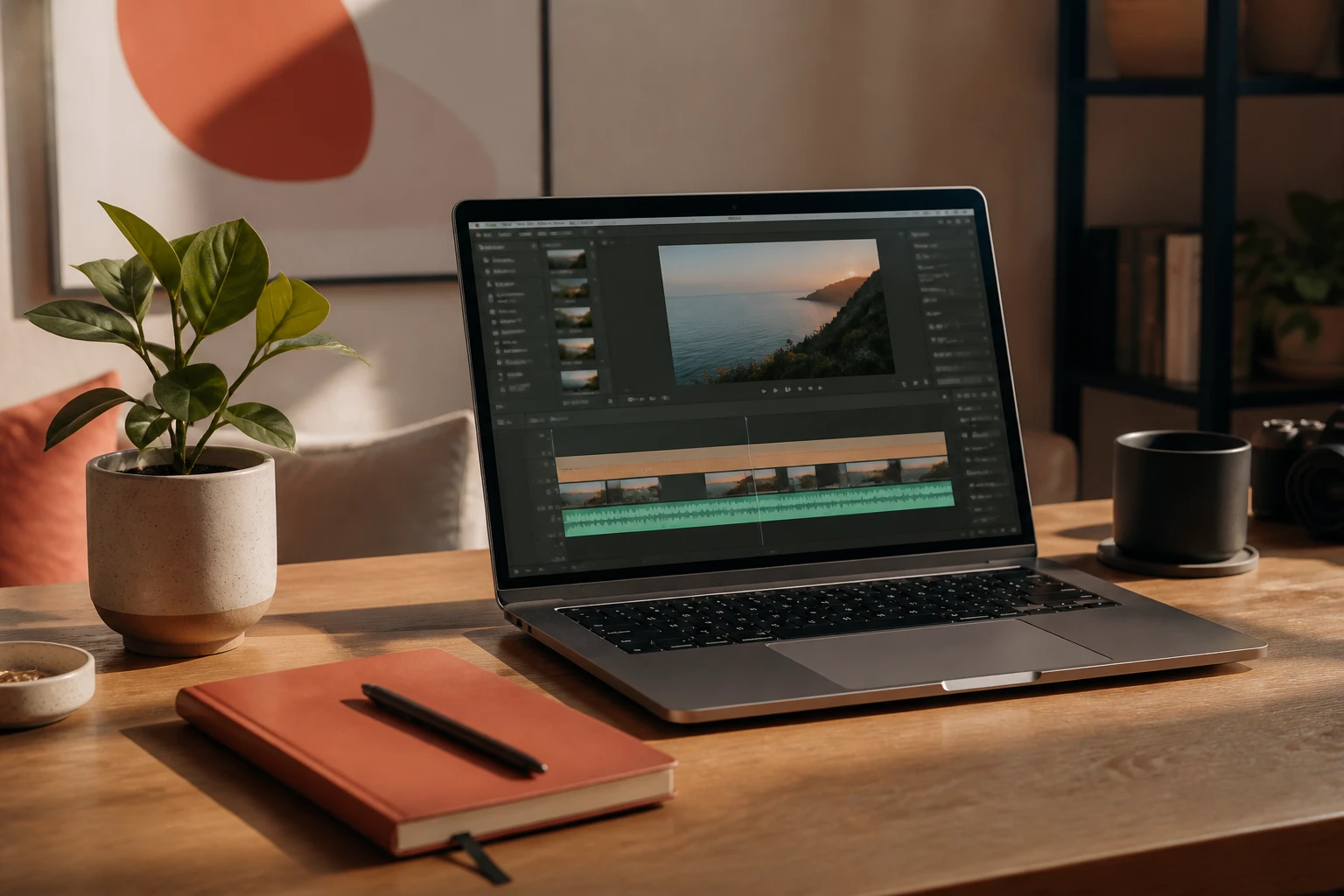 narrative image of a tidy creator desk with a laptop showing a video timeline and a notebook