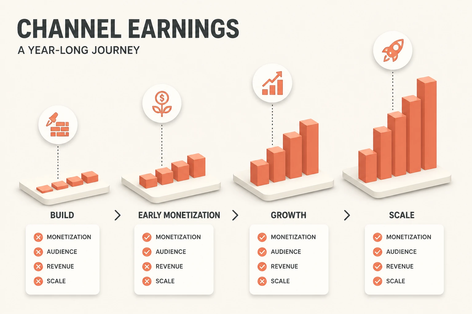 Earnings growth curve over twelve months with rising monthly revenue bars