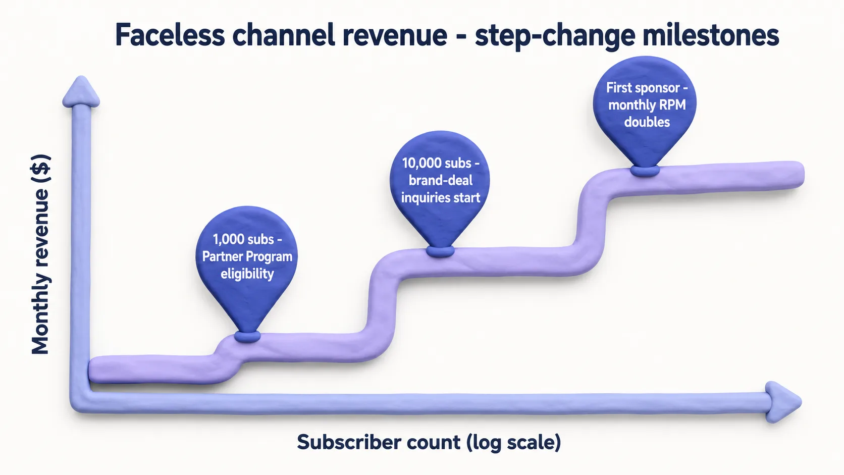 A realistic faceless channel revenue curve climbs in step changes around eligibility, 10k subs, and the first sponsorship