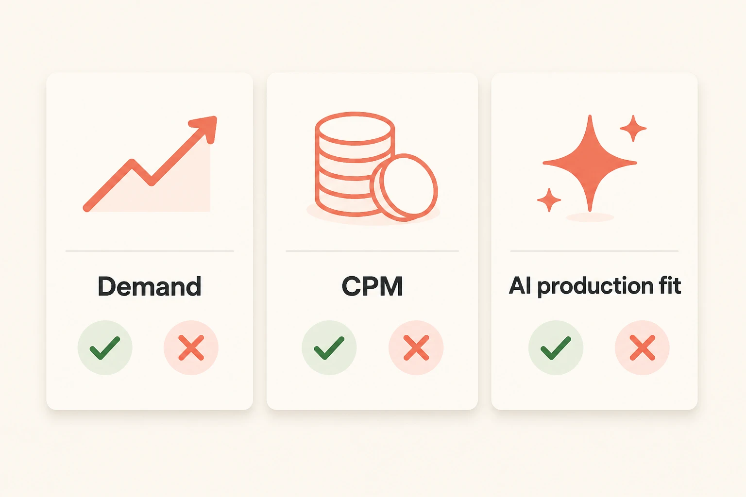 Three-criteria scoring model: demand, CPM, and AI production fit