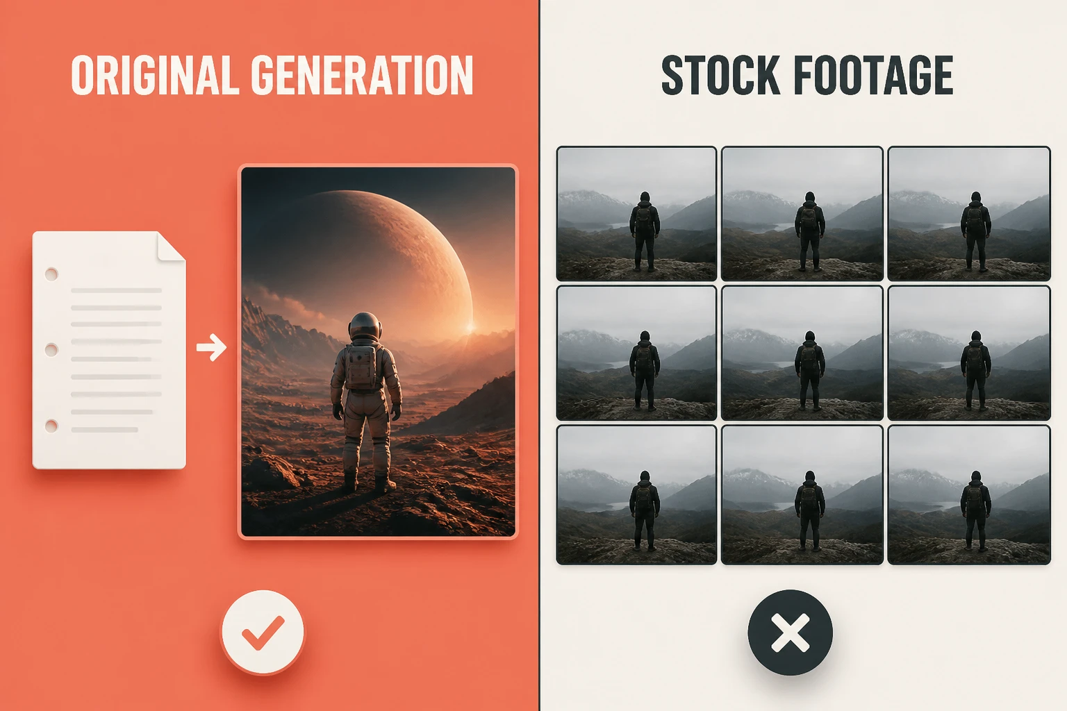 Split-frame comparing original AI generation versus repurposed stock footage for storytelling