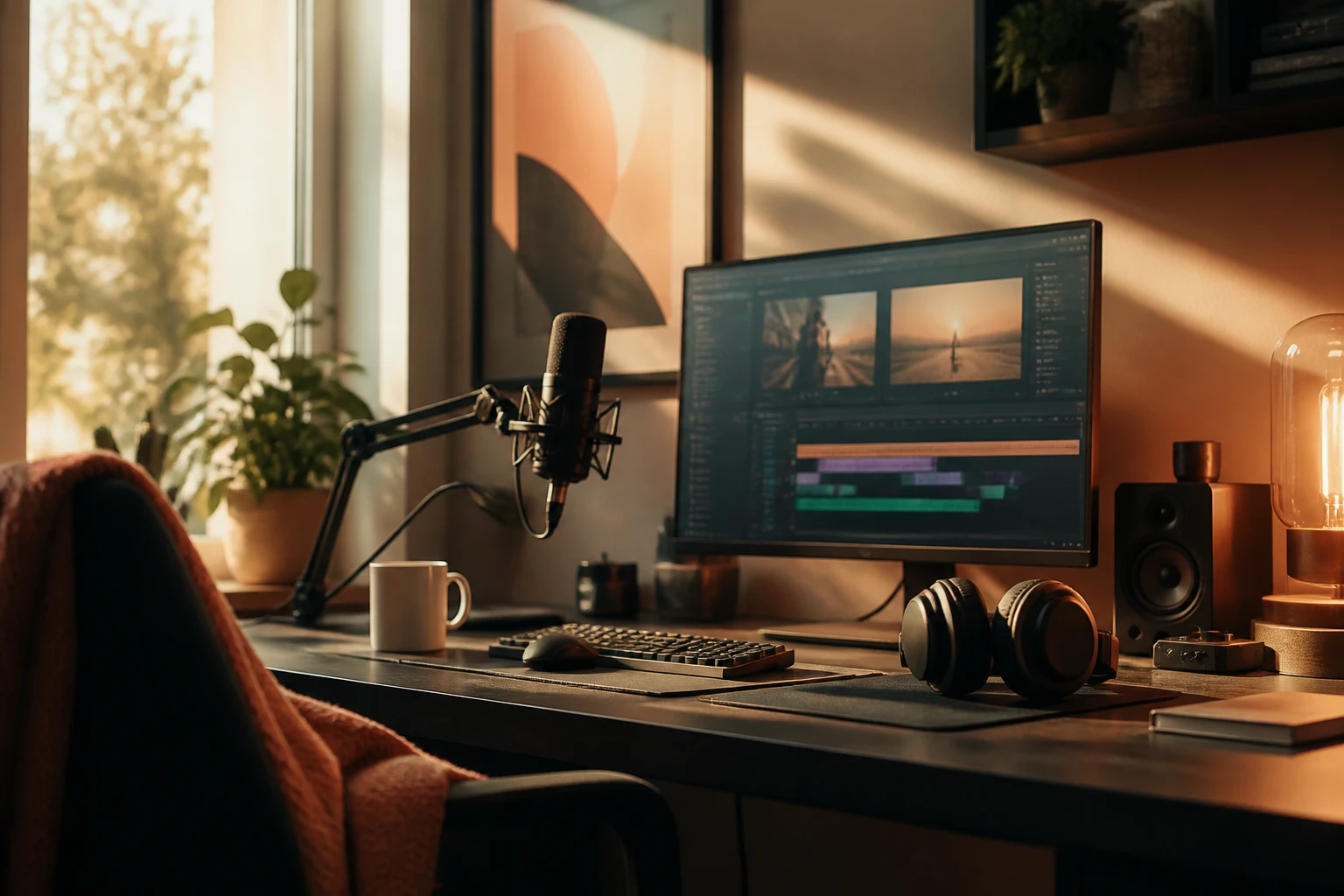 A creator's faceless production workspace at golden hour