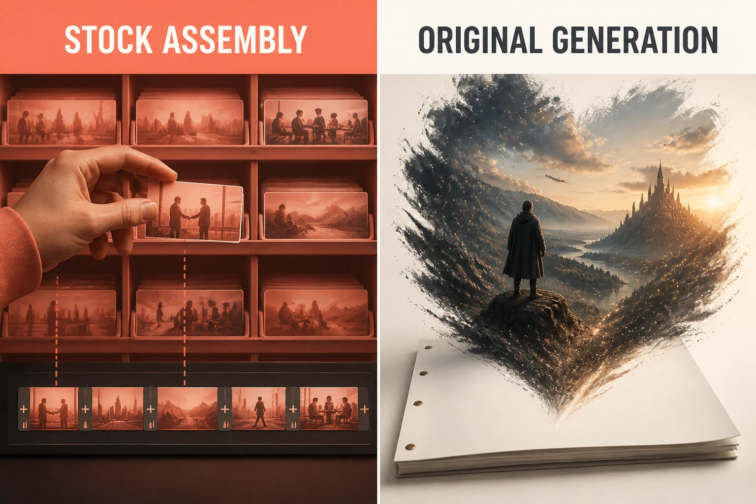 Split-frame comparing stock-clip assembly versus original AI video generation