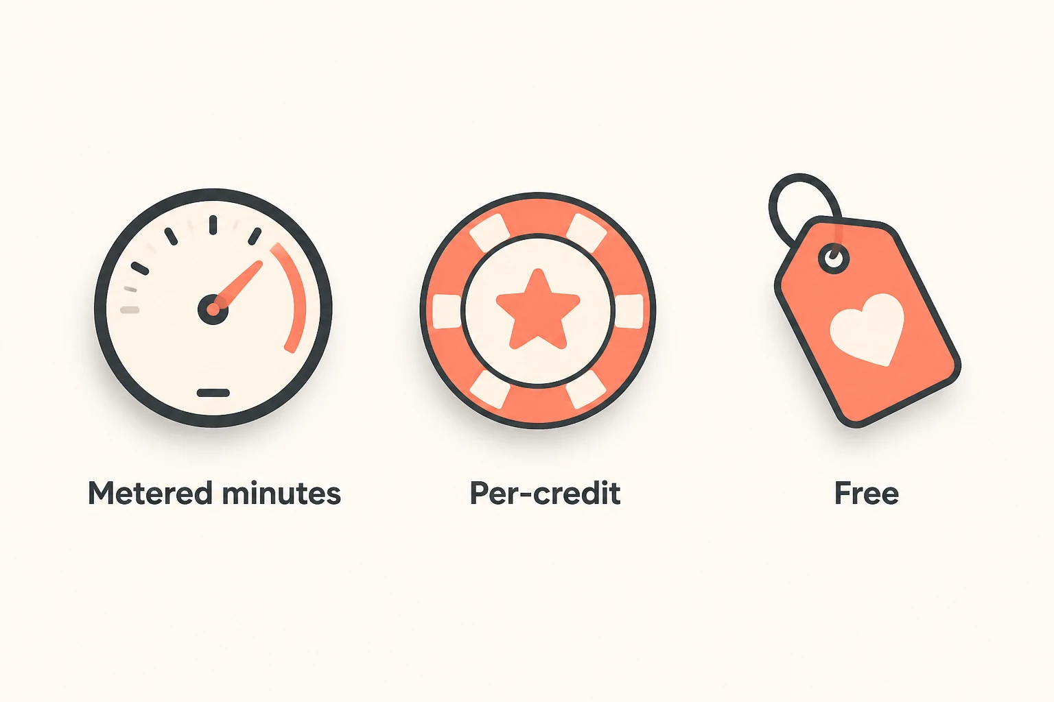 Billing models compared: metered minutes, per-credit usage, and free editing