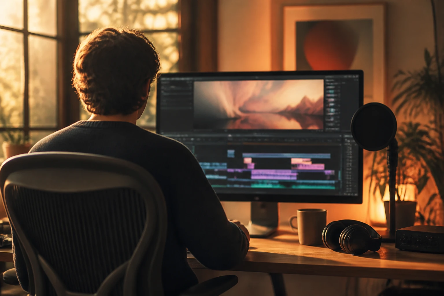 A creator reviewing AI-generated video on a monitor at golden hour