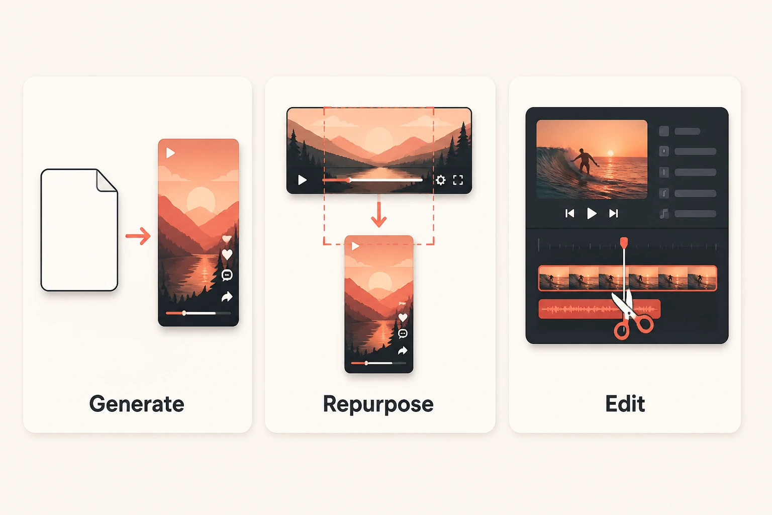 Three-way split showing generate from prompt versus repurpose from video versus edit your own footage