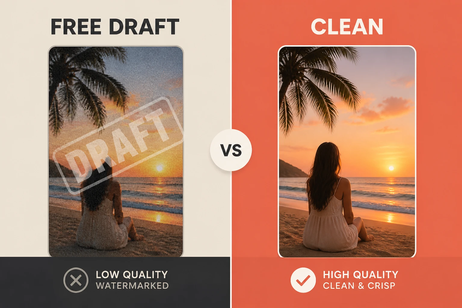 Split-frame comparing a watermarked 720p free export against a clean higher-resolution short