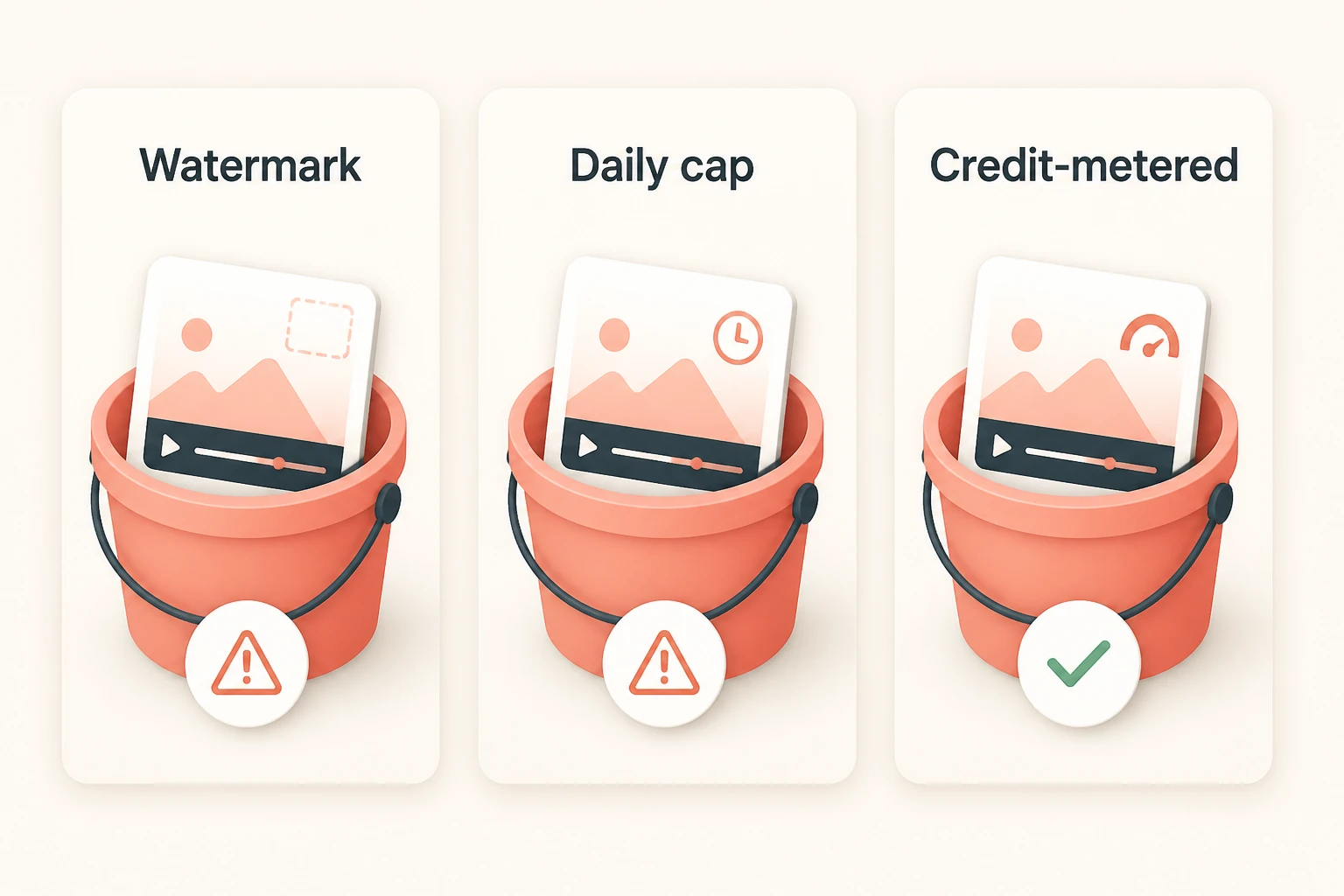 Free-tier reality buckets: watermarked exports, daily credit caps, and credit-metered original generation
