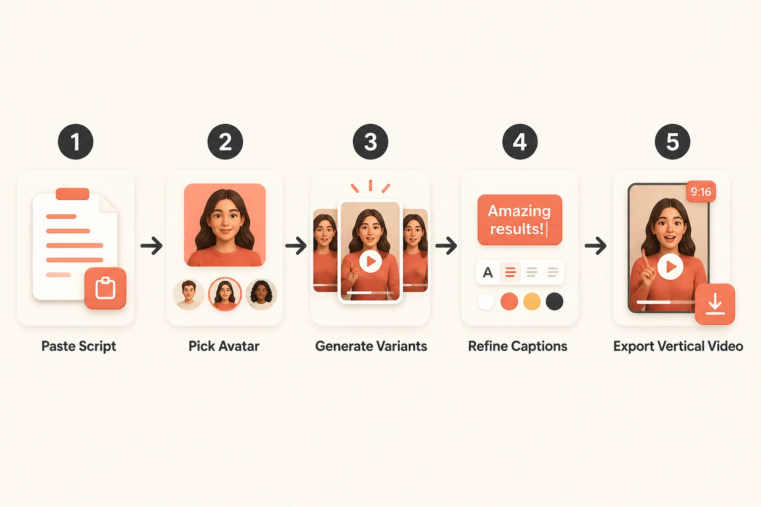 Five-step Lumigen UGC workflow: paste script, pick avatar, generate variants, refine, export vertical