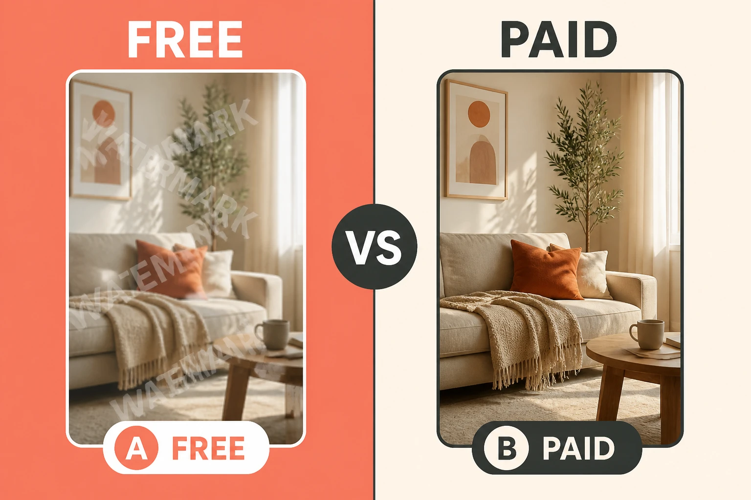 Split-frame: watermarked free export on the left versus a clean commercial-rights export on the right