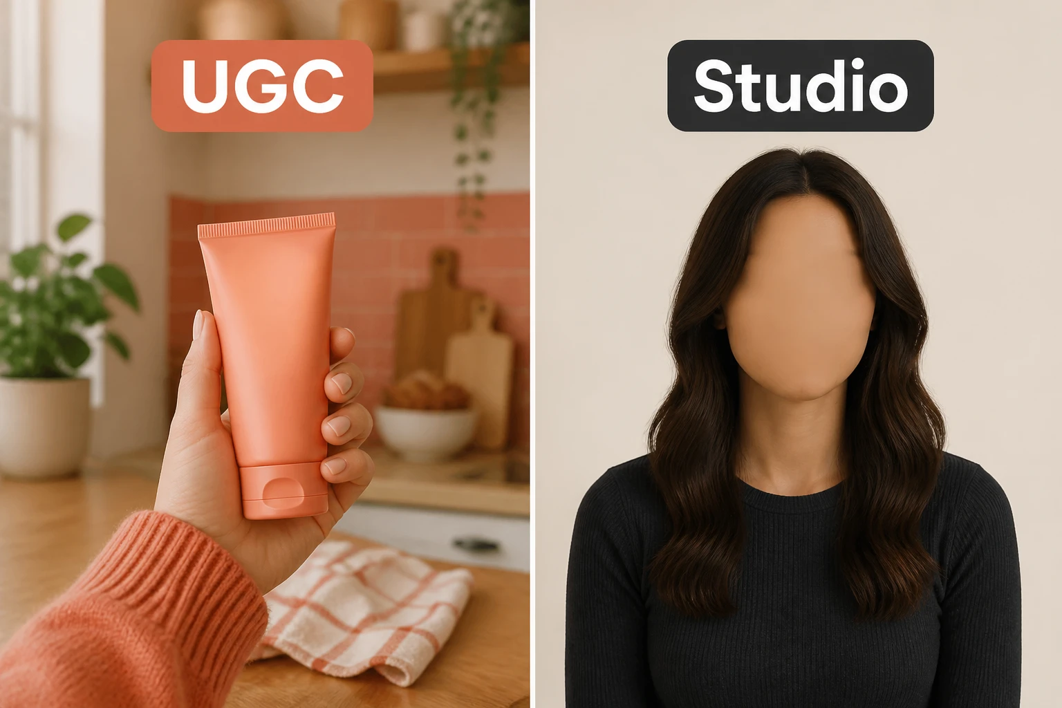 Split-frame: phone-held UGC creator ad on the left versus a studio talking-head avatar on the right
