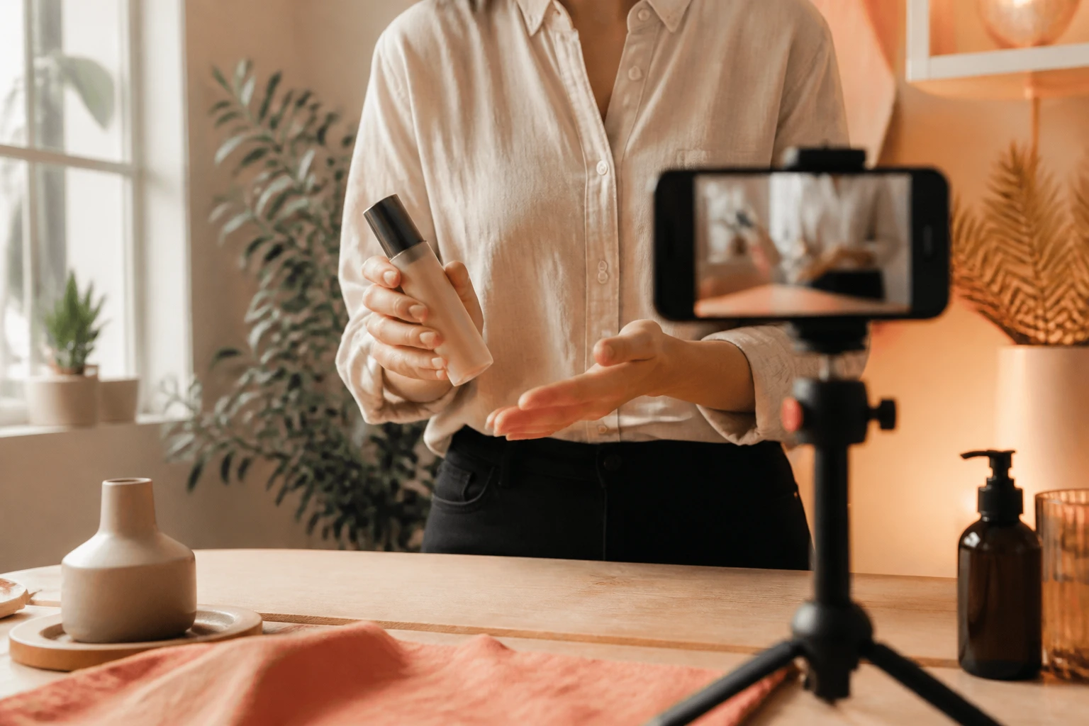 Creator filming a product-in-hand UGC clip in a warm home-lit setting