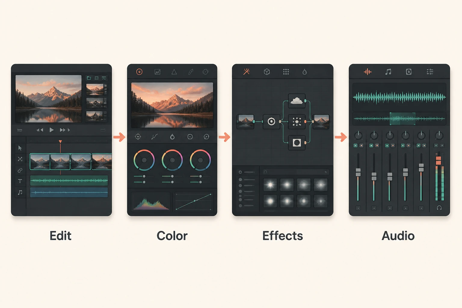 Editing, color, effects, and audio stages of a professional editor