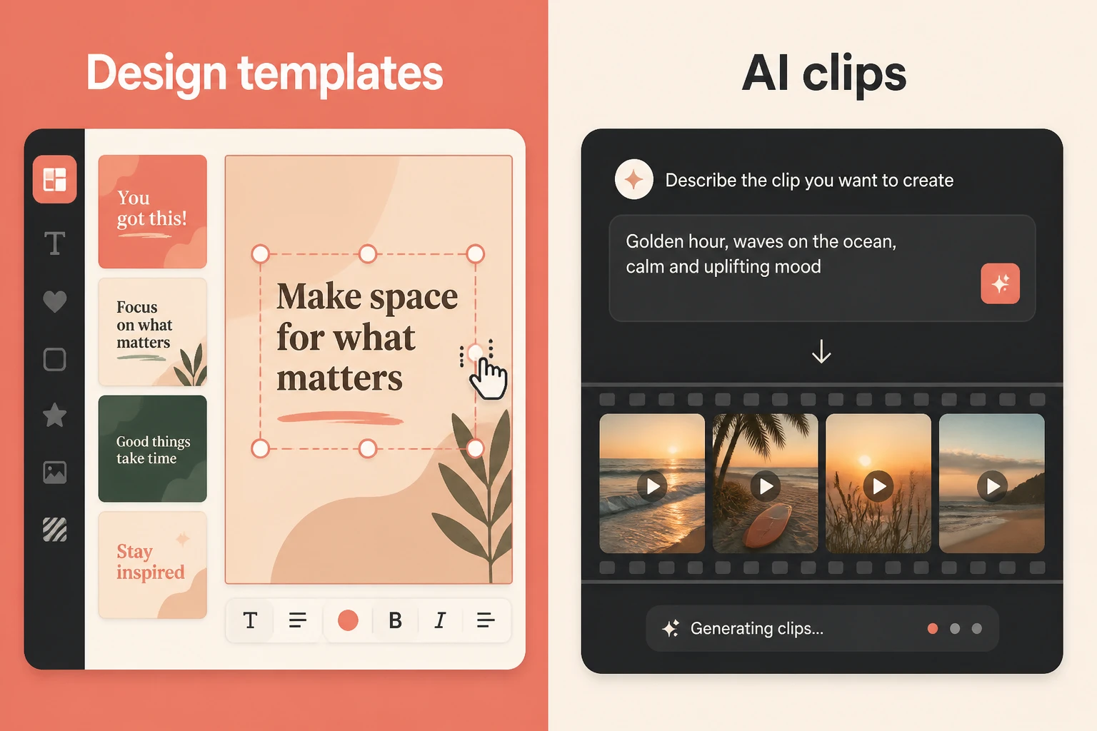 Template-driven design editing beside AI clip generation