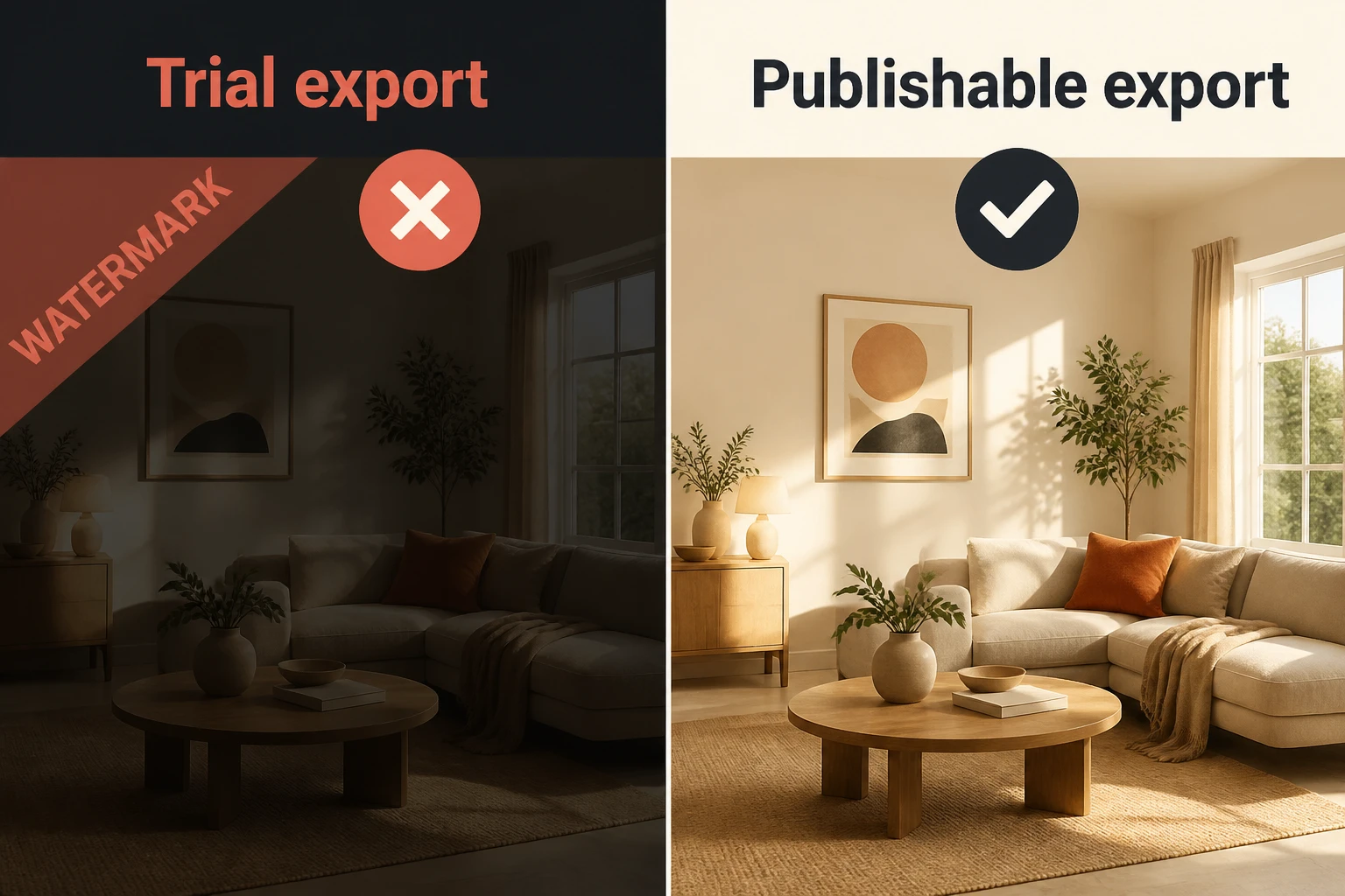 Watermarked low-resolution export beside a clean publishable export