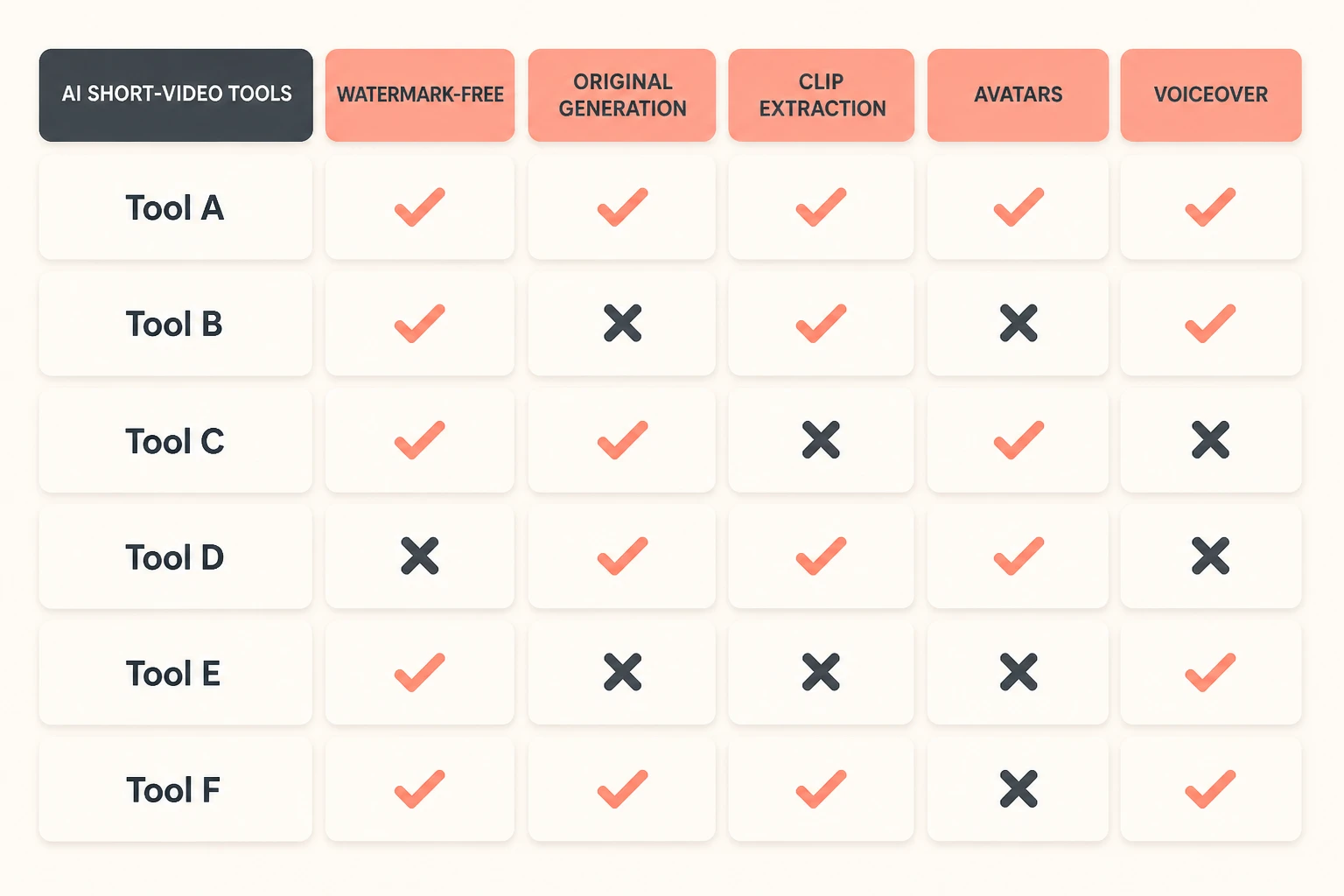 Free-tier reality matrix comparing watermark, resolution, and export caps across tools