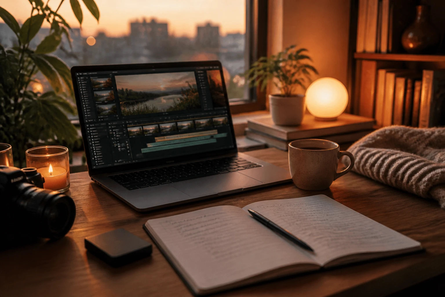 creator desk with laptop timeline and handwritten script