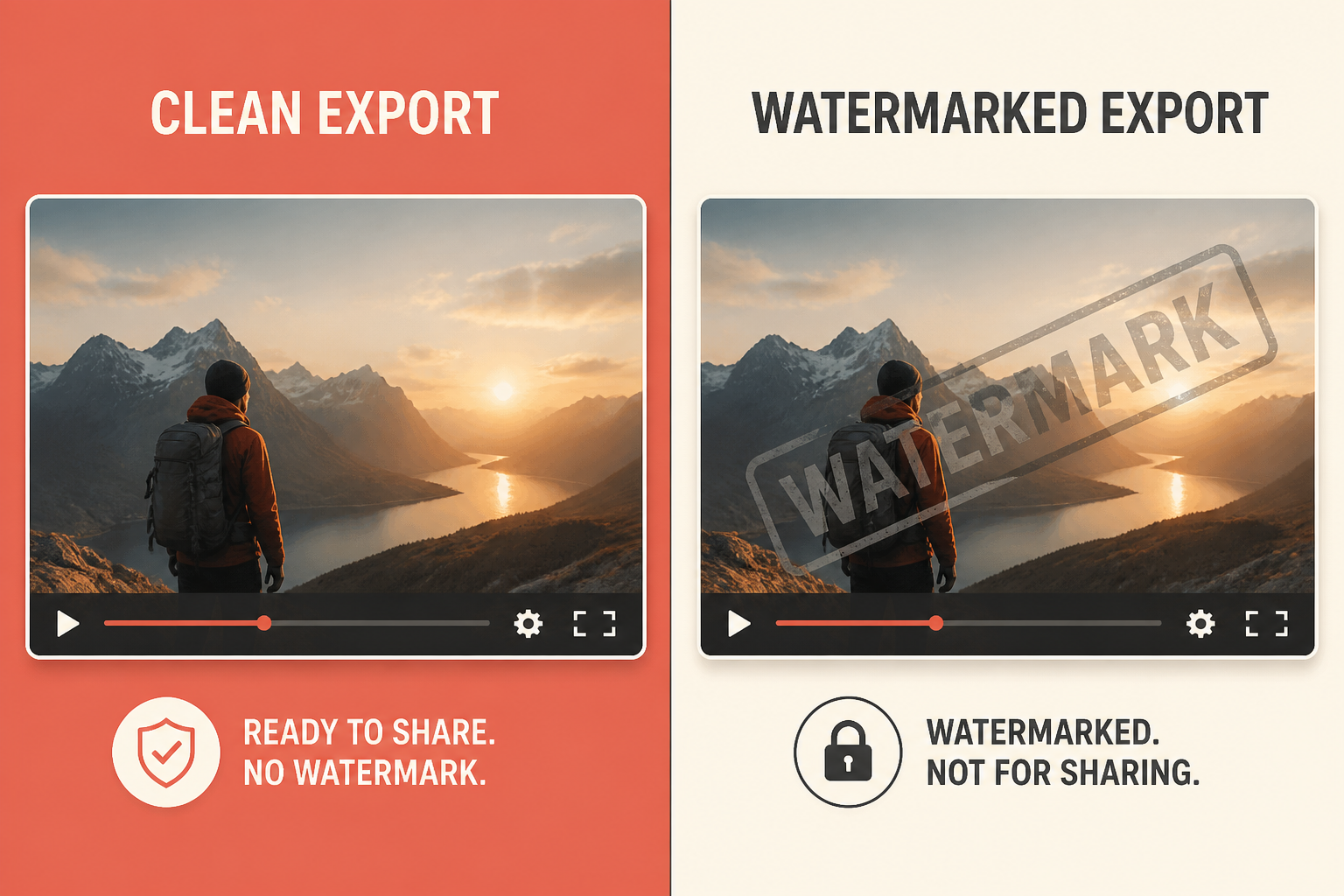 split-frame of a clean free export versus a watermarked free-trial export