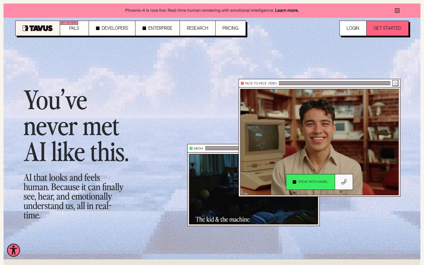Tavus interface showing AI avatar replica and conversational use cases