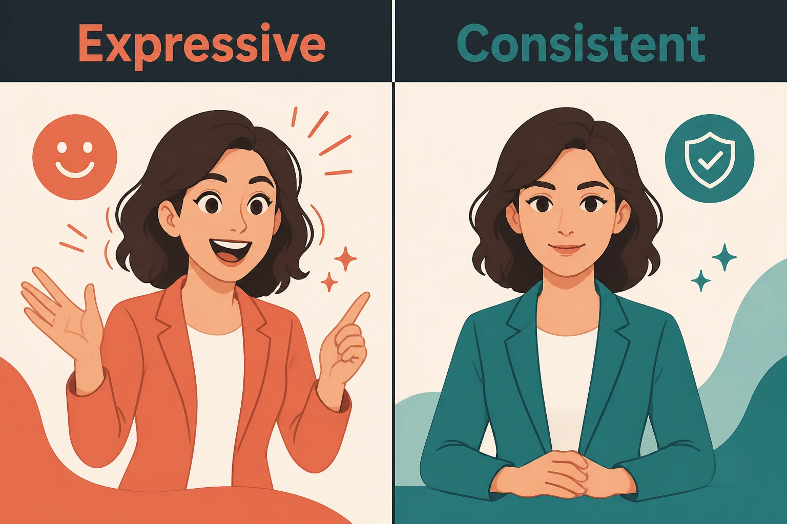 split-frame comparing an expressive avatar with a consistent avatar