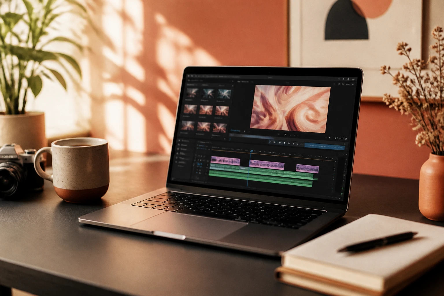 creator workspace with a laptop showing a video editing timeline