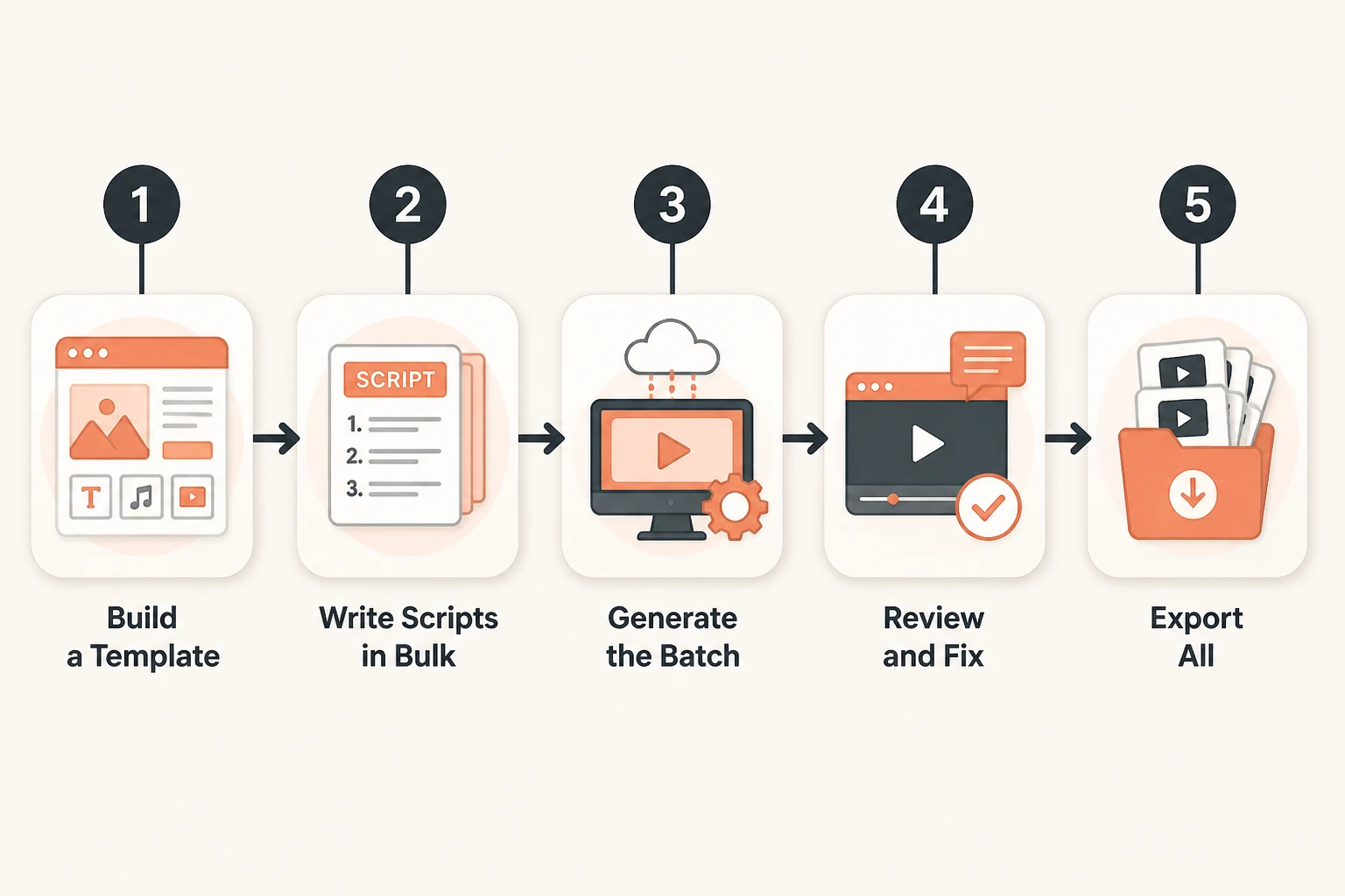 five-step batch workflow: build a template, write scripts in bulk, generate the batch, review and fix, export all