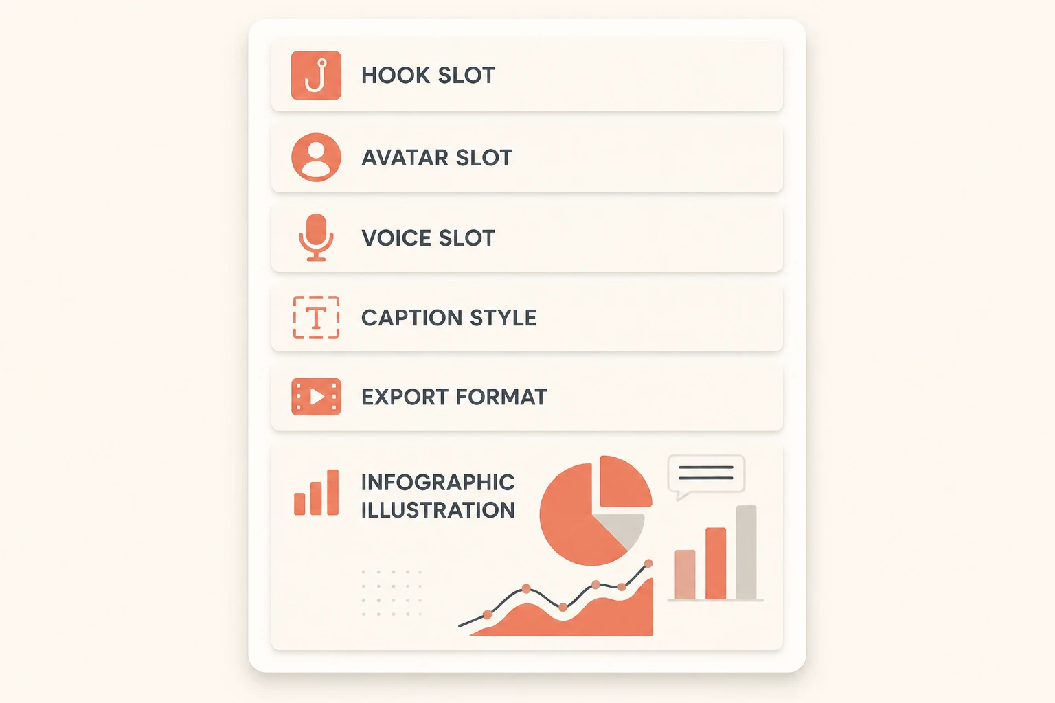reusable template diagram with slots for hook, avatar, voice, caption style, export format