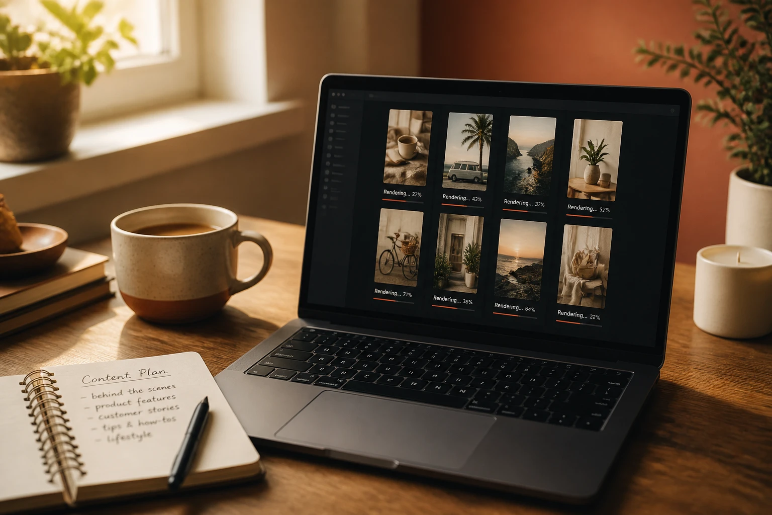 creator workspace with a laptop showing a grid of several vertical videos rendering at once