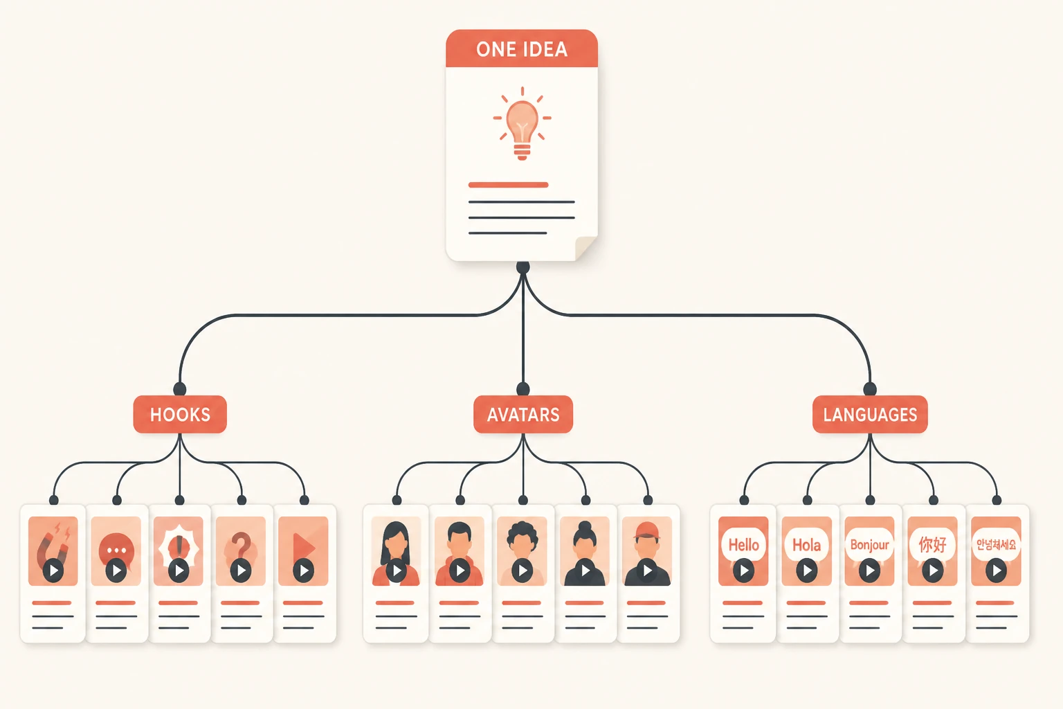 branching tree: one script forked into many variant clusters by hooks, avatars, and languages