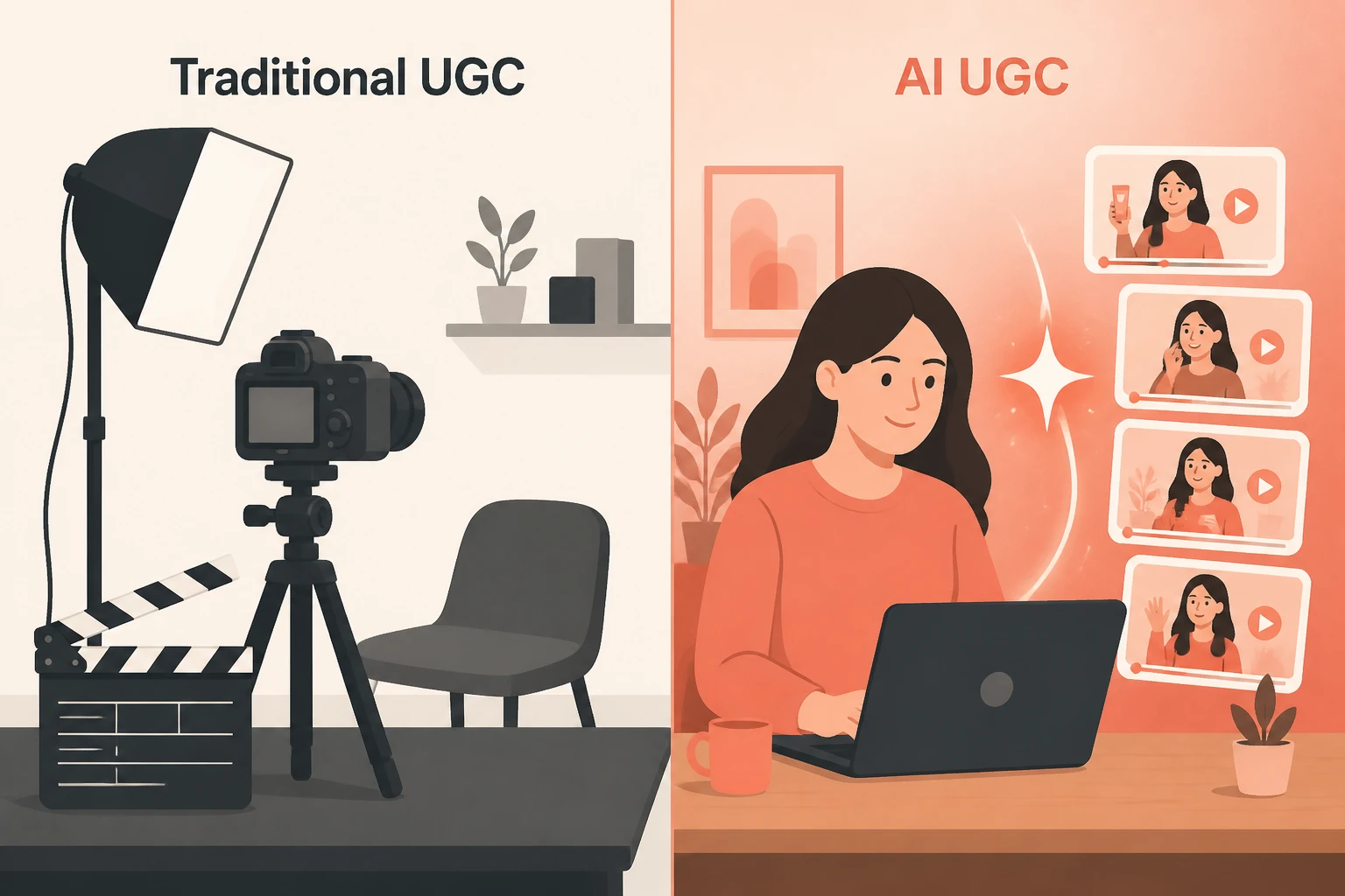 split-frame: traditional UGC shoot with crew and clapperboard versus a single creator generating clips at a laptop