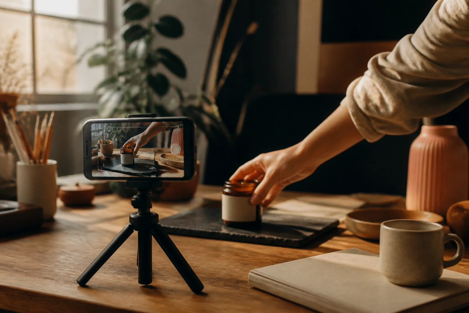authentic creator workspace: a phone on a tripod pointed at a product on a desk in soft window light