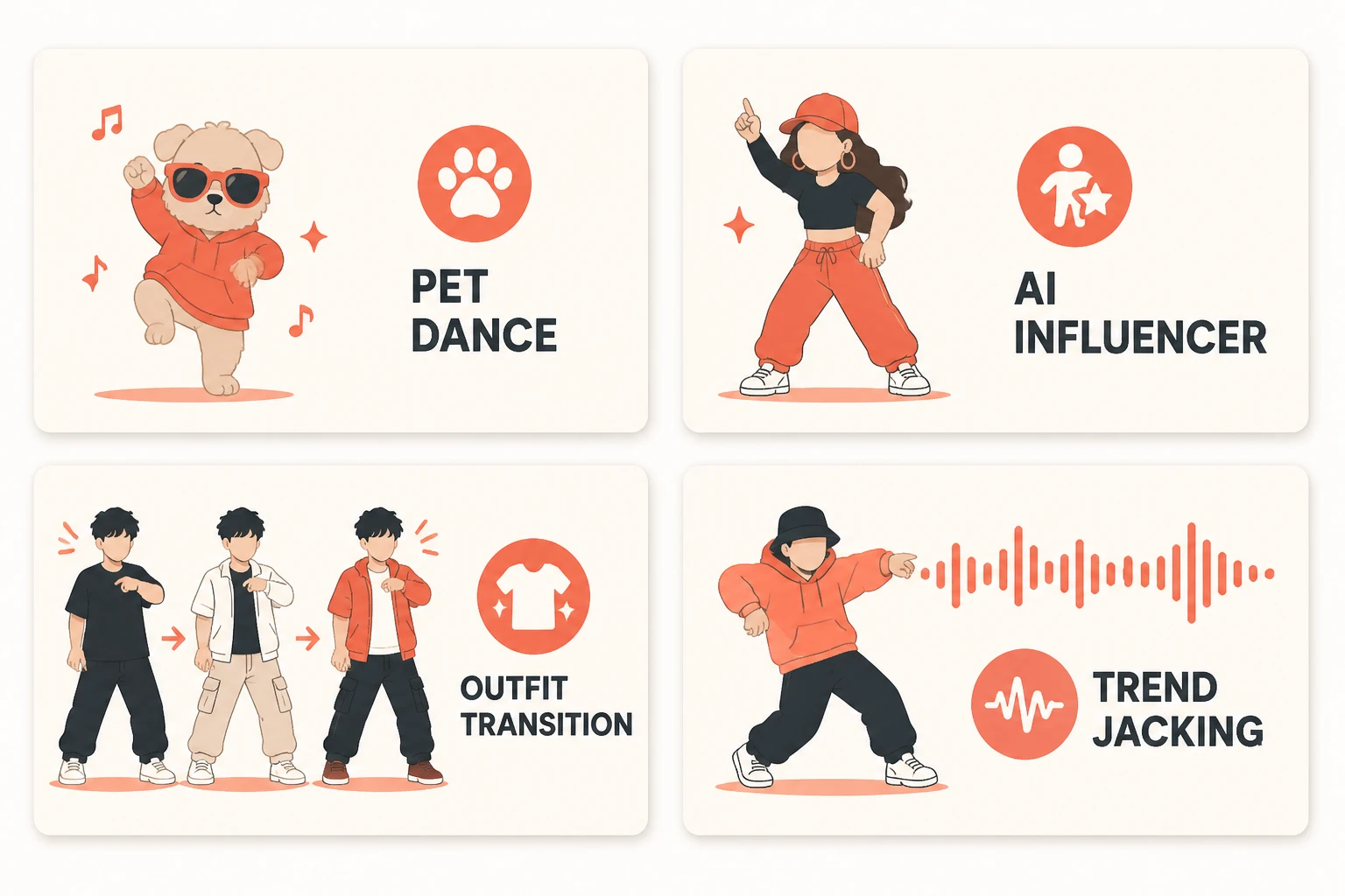 Four viral AI dance formats shown as labeled trend panels