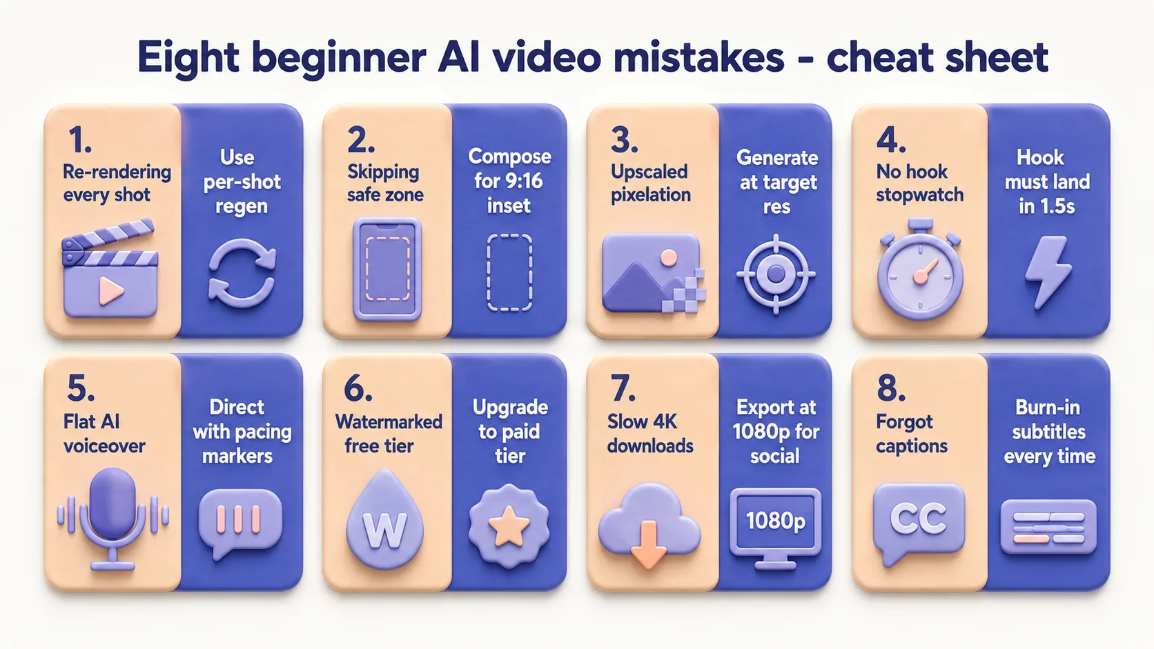 Eight beginner mistakes mapped onto a quick-reference cheat sheet