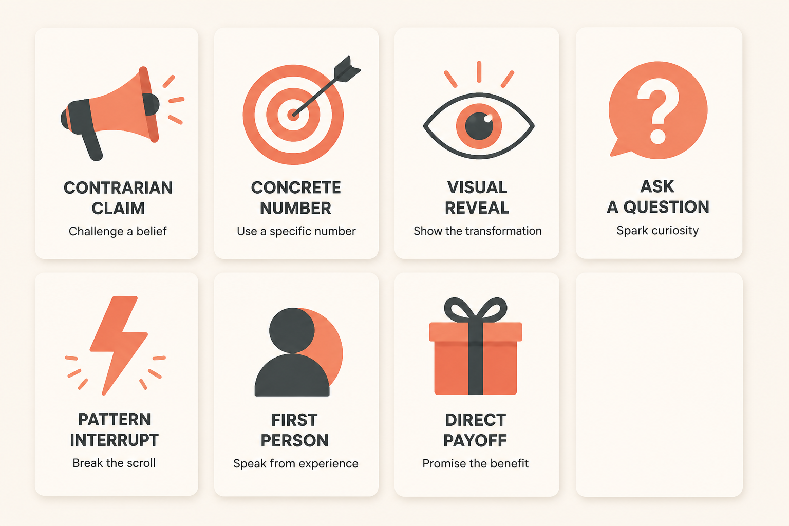 grid of seven hook pattern cards with simplified flat icons