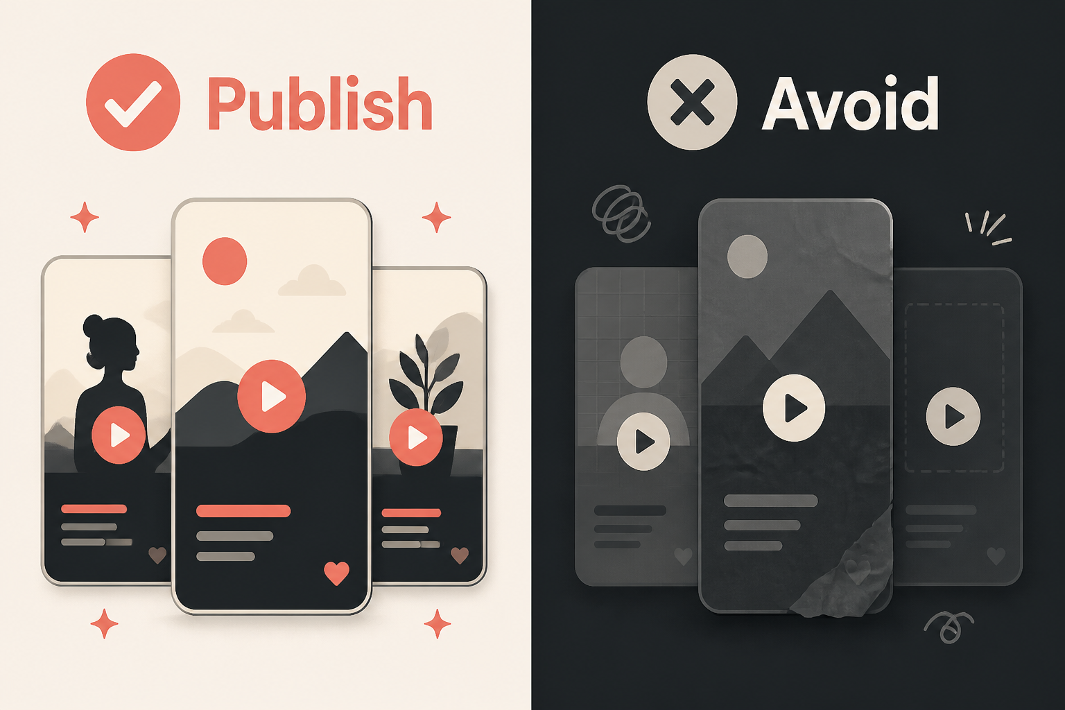split-frame composition: polished video tiles on the left vs faded template tiles on the right