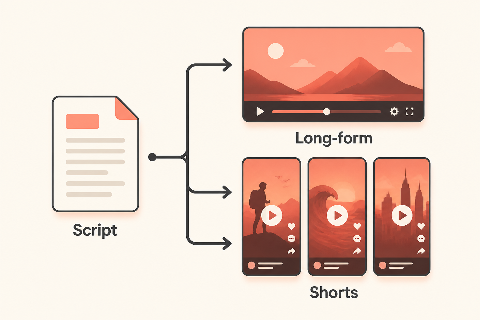 one-script-many-formats diagram with a central script branching to long-form and three shorts