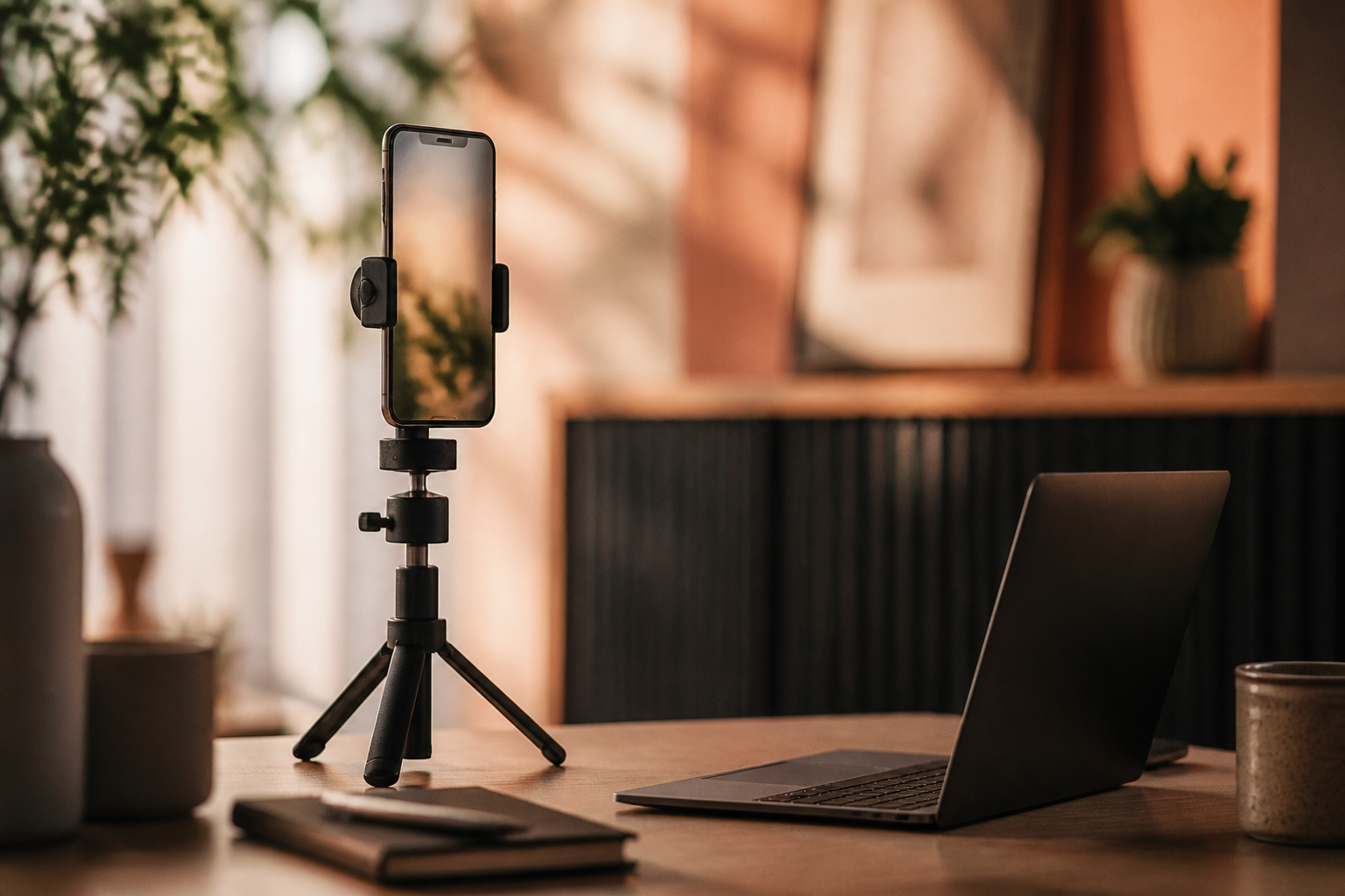 creator vertical-content workspace shot from a low angle with phone on a tripod