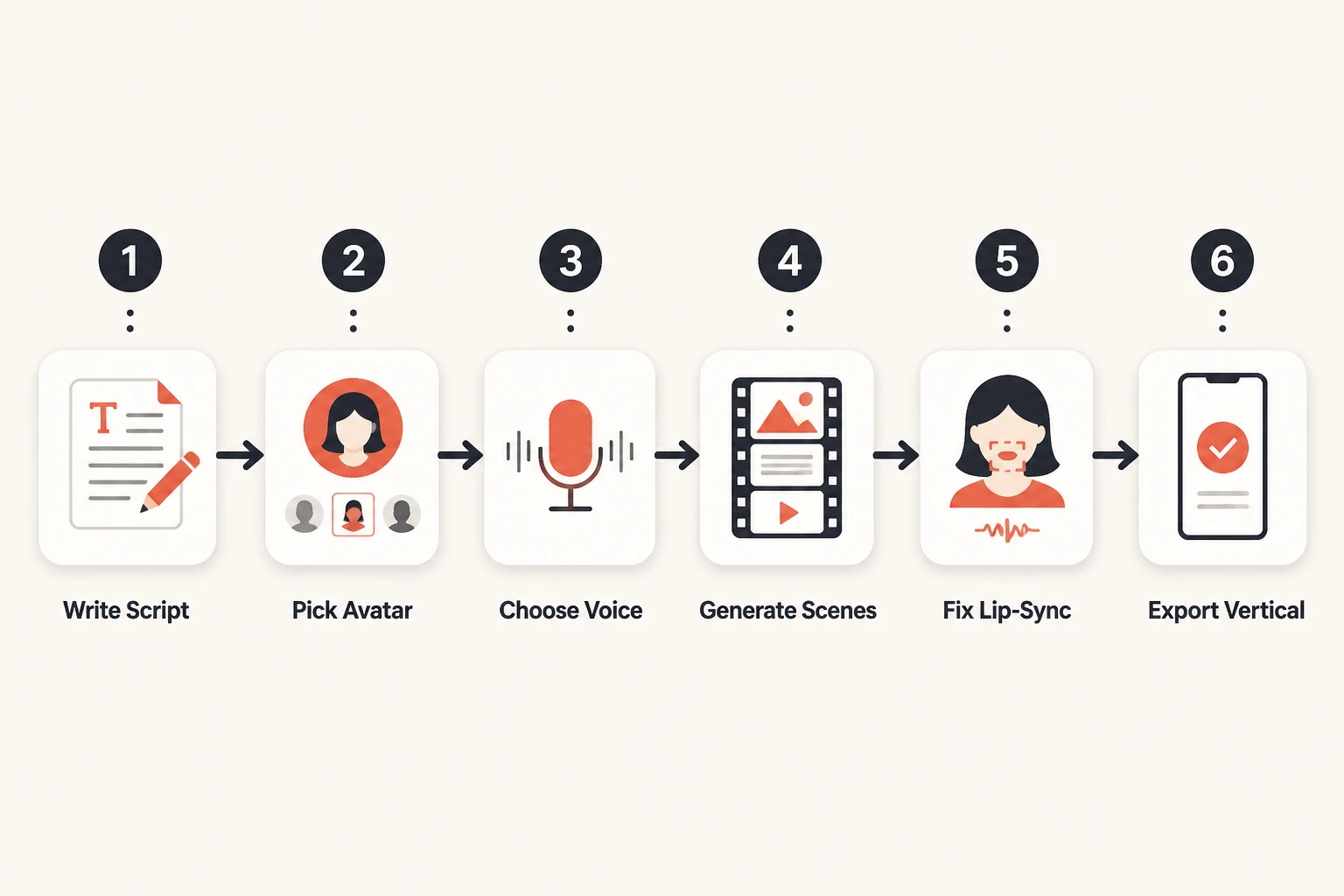 six-step workflow: write script, pick avatar, choose voice, generate scenes, fix lip-sync, export vertical