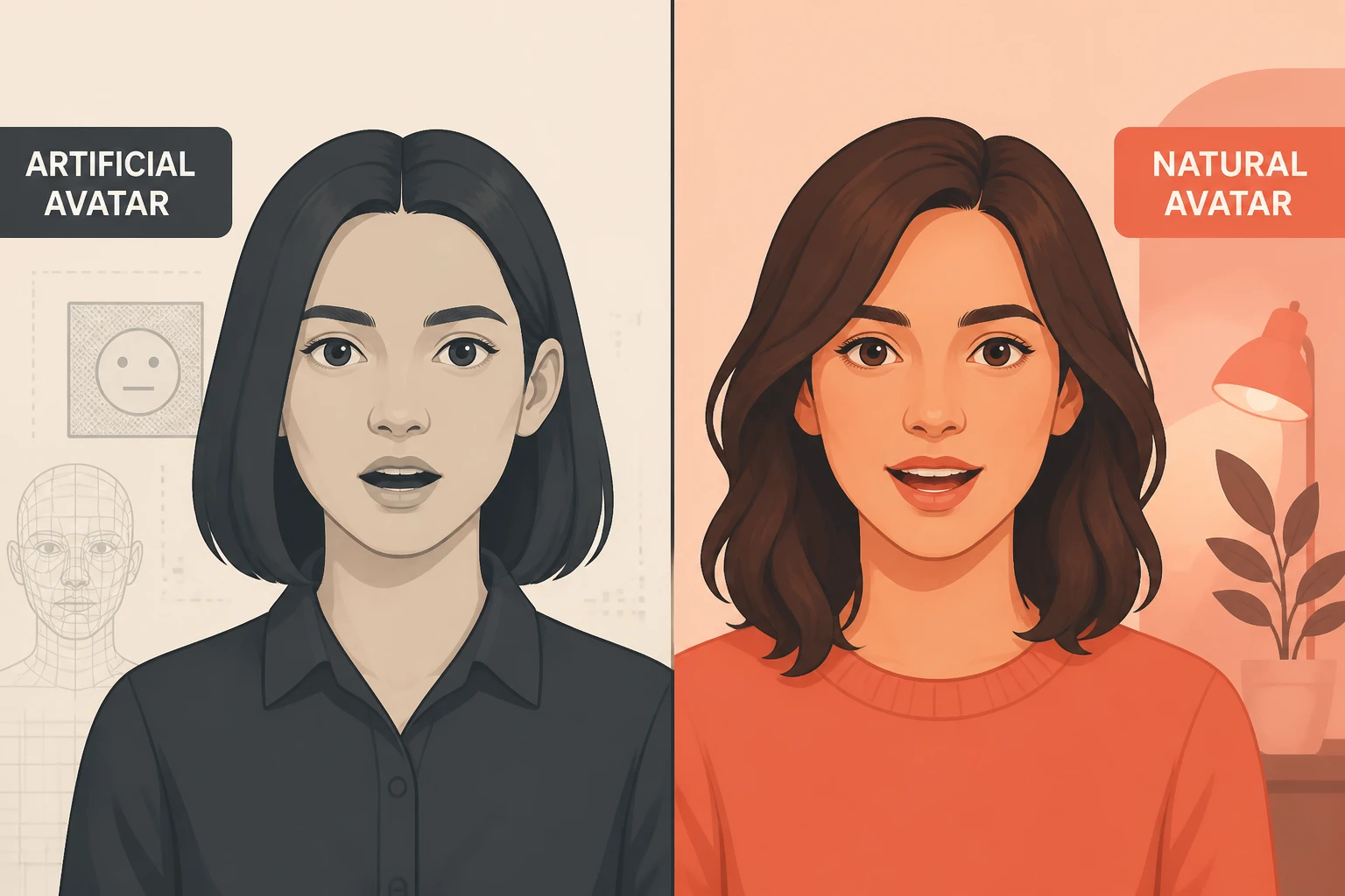 split-frame: stiff synthetic avatar versus a natural, expressive avatar