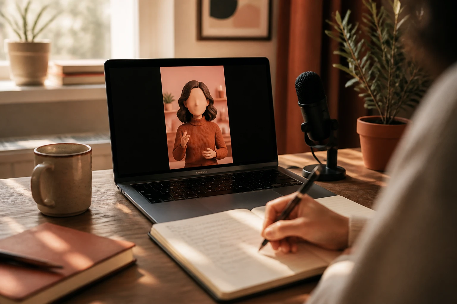 creator recording setup with a laptop showing an avatar, a microphone, and a script notebook