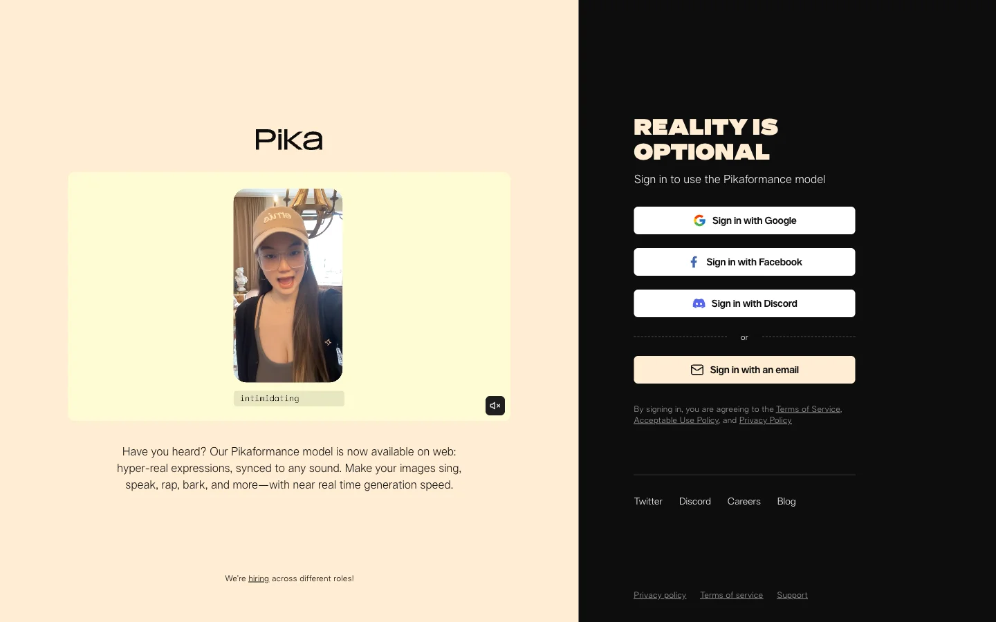 Pika sign-in landing — pika.art's generator is behind authentication, so the public-facing surface is the auth screen