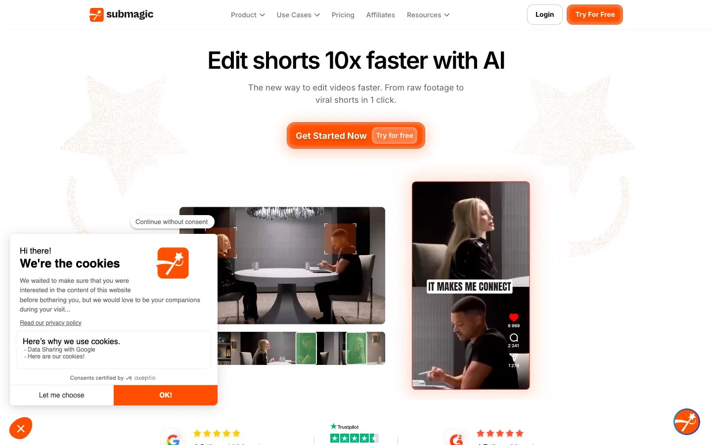 Submagic auto-caption interface with animated word-by-word styling and emoji insertion