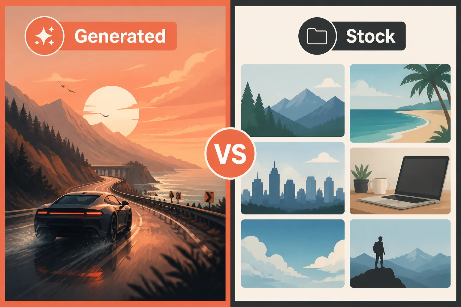 Split-frame: original generated video versus a stock-clip faceless montage