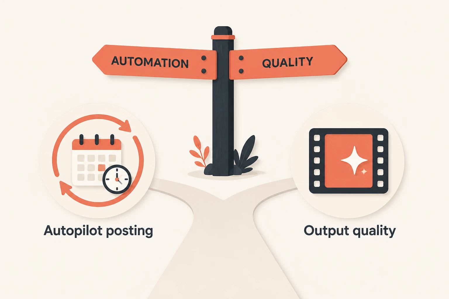 Decision infographic routing autopilot-posting versus output-quality to the right tool