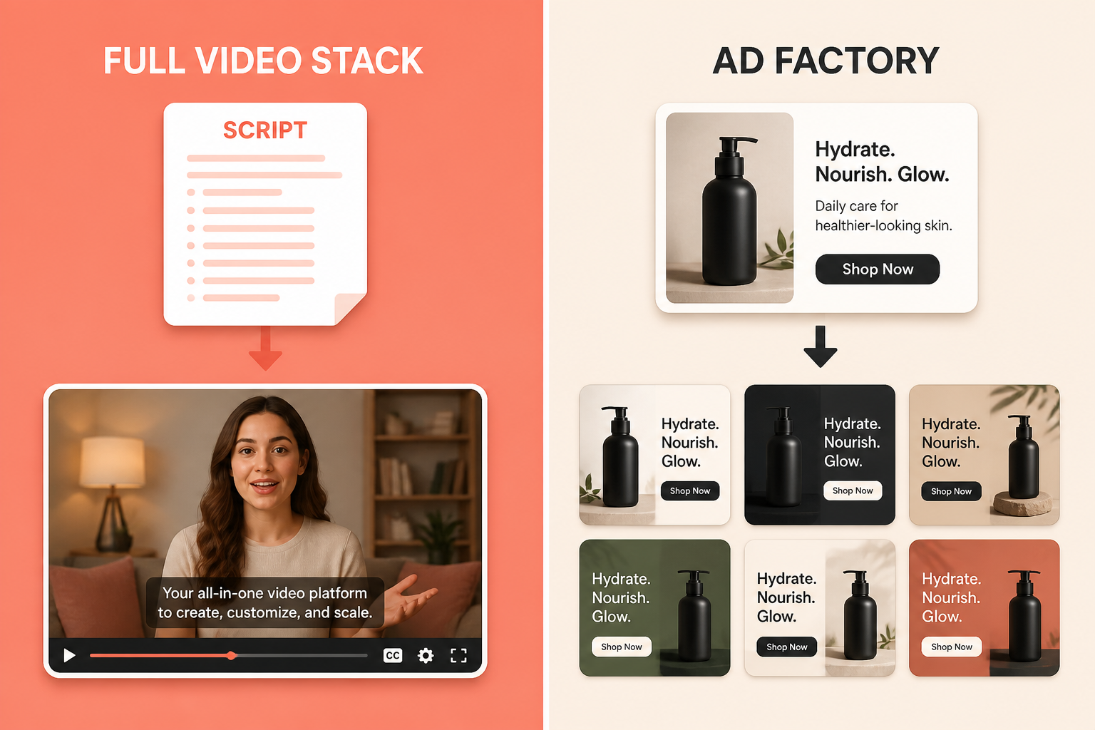 split-frame head to head of two AI video tools